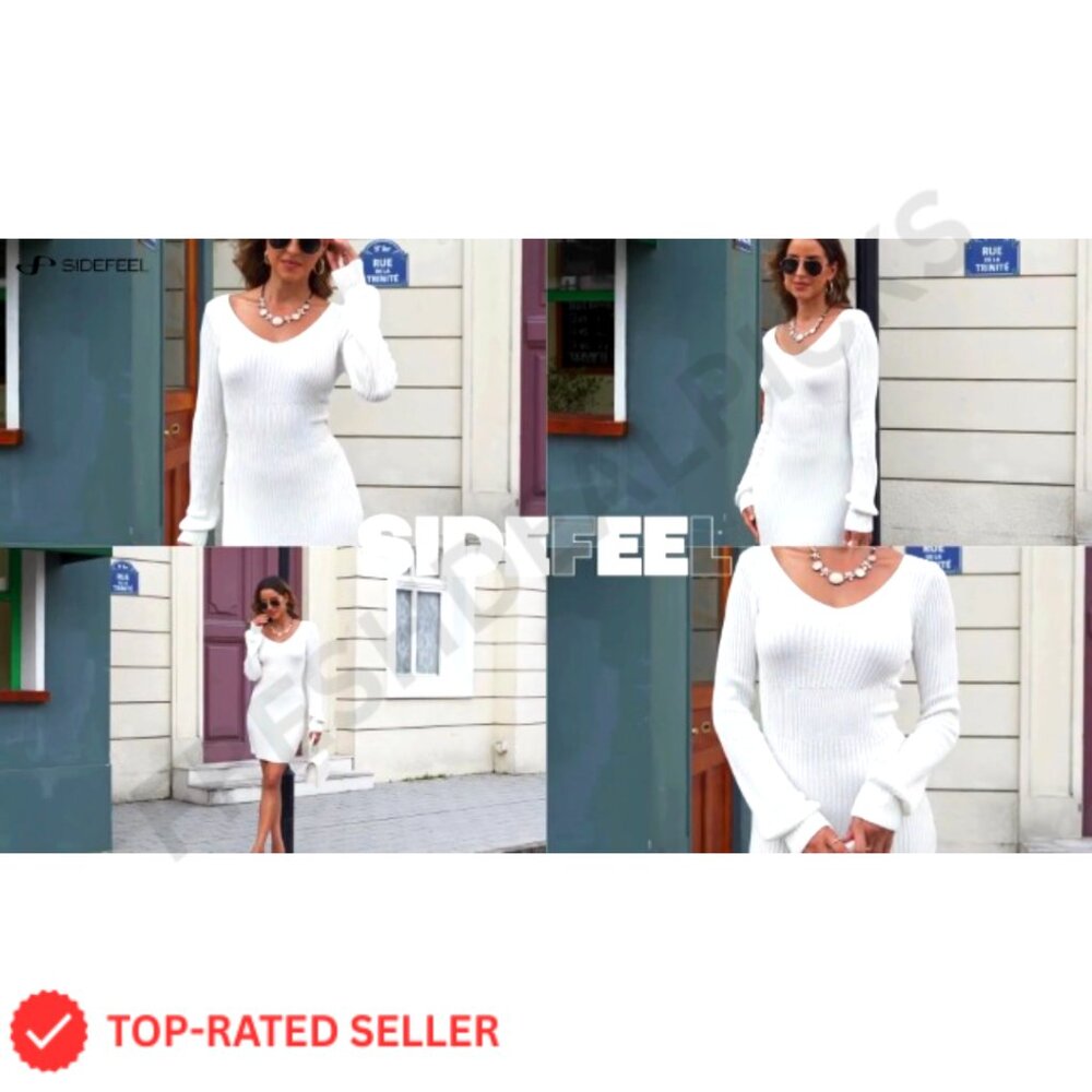 Ribbed Knit Sweater Dress Long Sleeve V Neck Bodycon Mini Dress - Picture 6 of 7